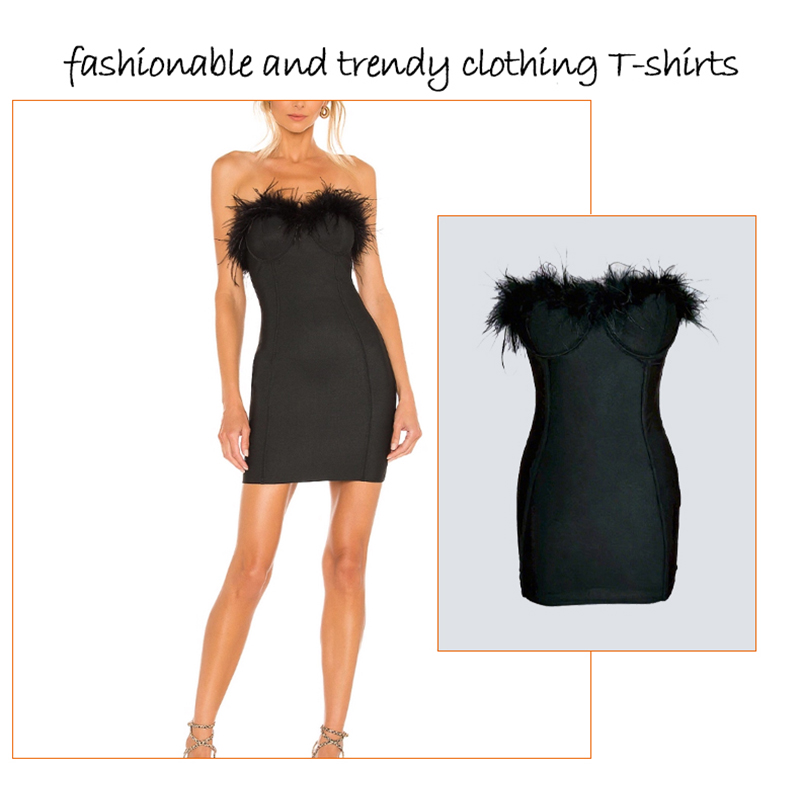 Skirts Women's Black Strapless Feather Trim Bodycon Mini Dress, Fashion Party Cocktail Dress
