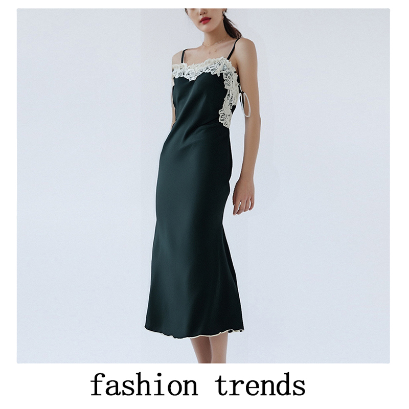 Urban Sexy Dresses Women's Dark Green Spaghetti Strap Maxi Dress with Lace Trim, Elegant Summer Party Dress