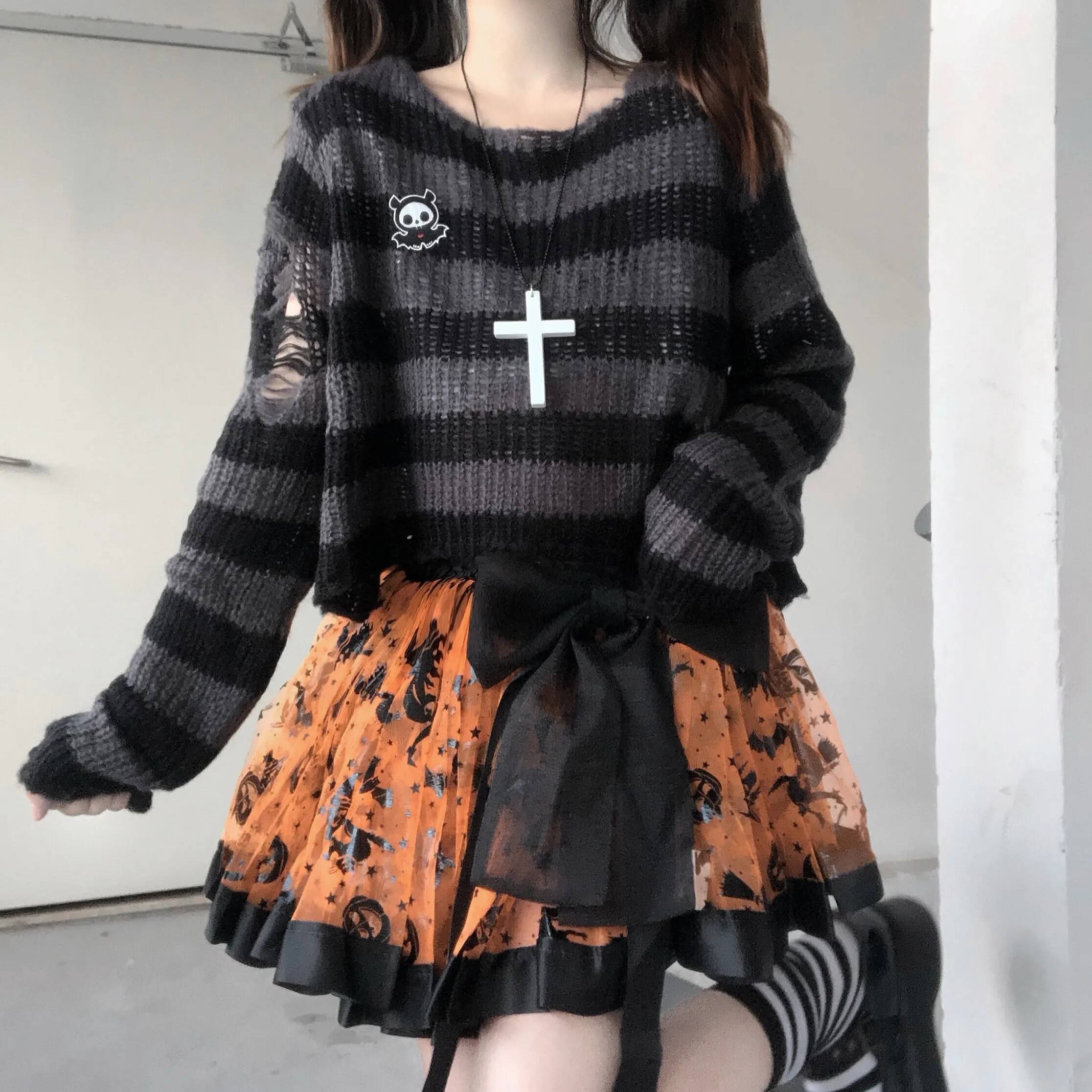 Karrram Pink Striped Gothic Sweaters Women Ripped Holes Loose Knitted Pullover Frayed Fairy Grunge Jumpers Emo Streetwear Lolita dongdumaoyi