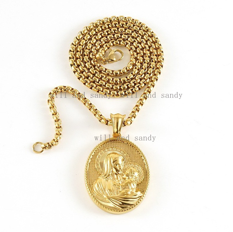 Non Tarnish 18K Gold Christian Necklace Statue Virgin Mary Jesus Cross Pendant Necklace Designer Jewelry Madonna Hip Hop Gold Necklaces for Woman Amul