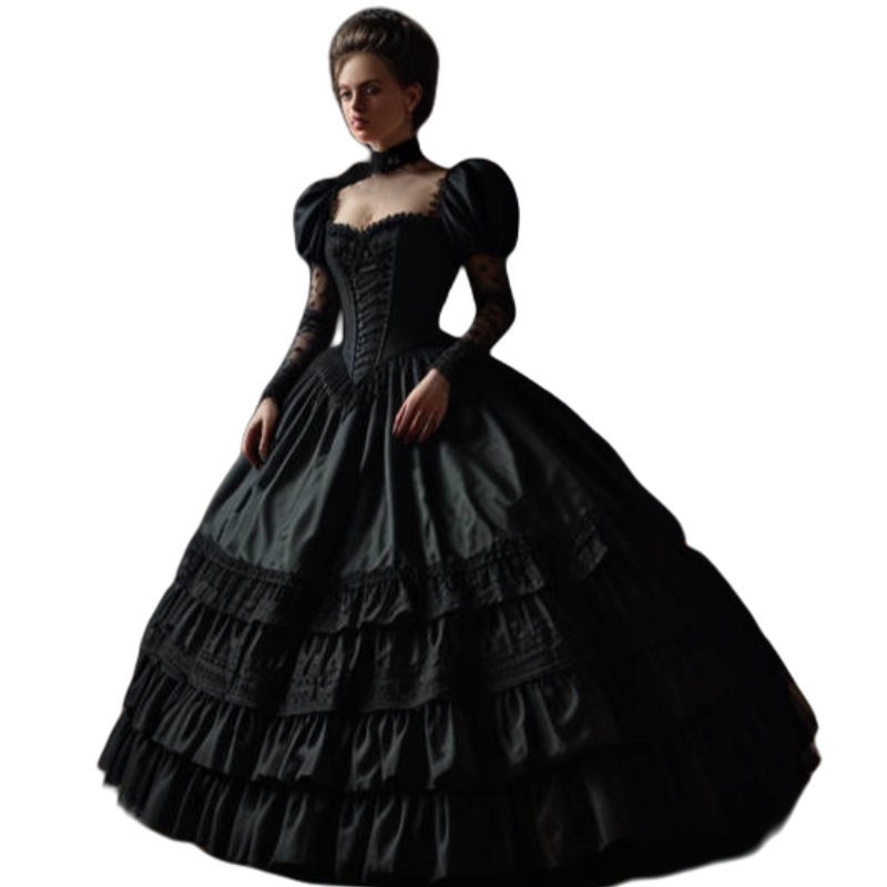 Vintage Black Gothic Prom Dresses Ruffles Ball Gown Victorian Special Occasion Dress Puff Long Sleeves Floor Length Masquerade Dress