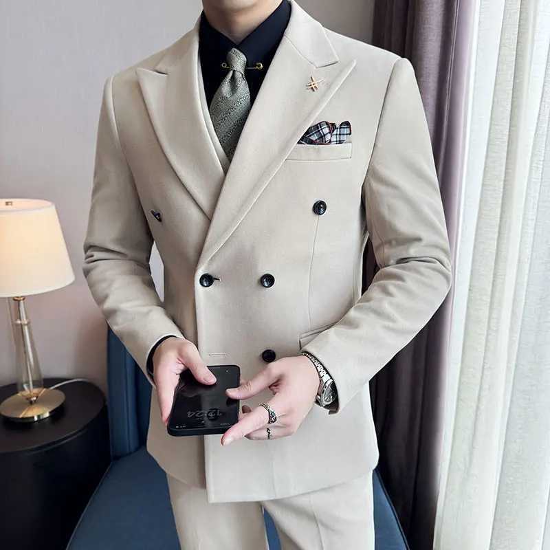 2025 High quality doublebreasted suit vest trousers Korean slim business suit woolen suit threepiece set W250910