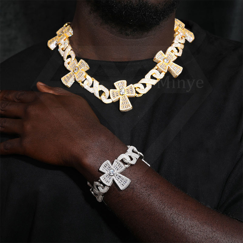 Customized Luxury Cuban Chain 925 Sterling Silver Iced Out Hiphop Jewelry VVS Moissanite Necklace Cross Cuban Link Chain