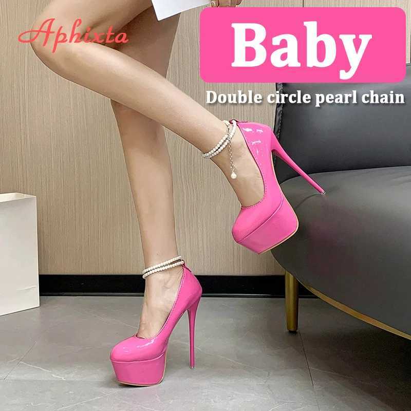 Aphixta Pearl Chain Party Disco Dance Pumps Women 55cm Platform Belt Pimp Buckle 16cm Super High Thin Heels Shoes Big Size 50 W250910