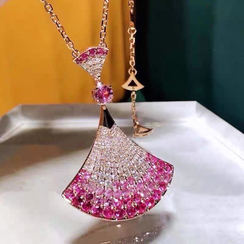 Luxury Brand Designer Jewelry Large Full Diamond Pink Dress For Women, 18K Rose Gold Plated Gradient Style, Fan-Shaped Skirt Set Wholesale