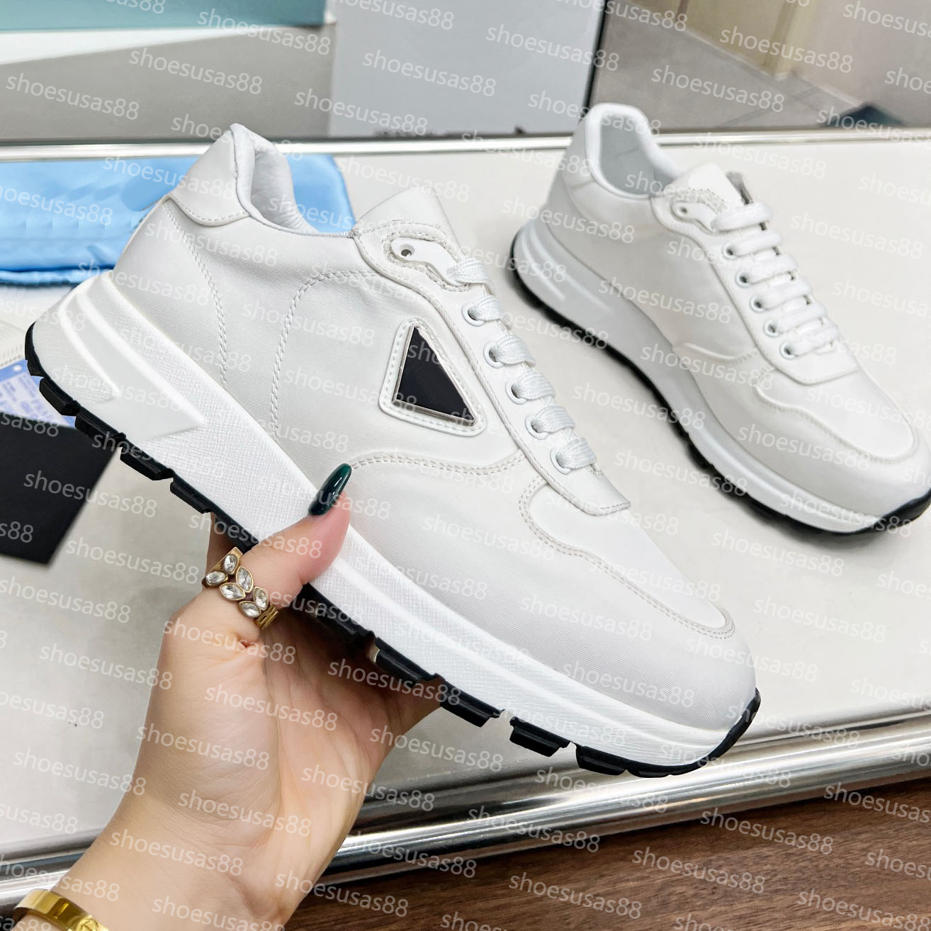 Prax 01 Re-Nylon Sneakers Desginer Metal Triangle Casual Shoes Men Brushed Leather Sneakers Mesh Sneaker Platform Trainer Shoe