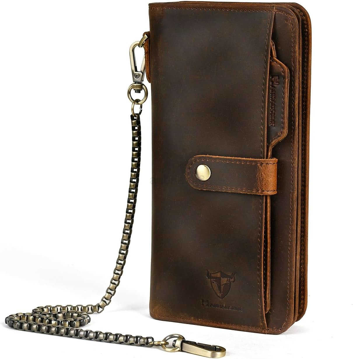 Genuine Crazy Horse Leather Travel Gift Coin Pocket Card Case Long Organizer Chain Rfid Wallet Purse With Snap For Men Male 1803 1803 BrownZ250910