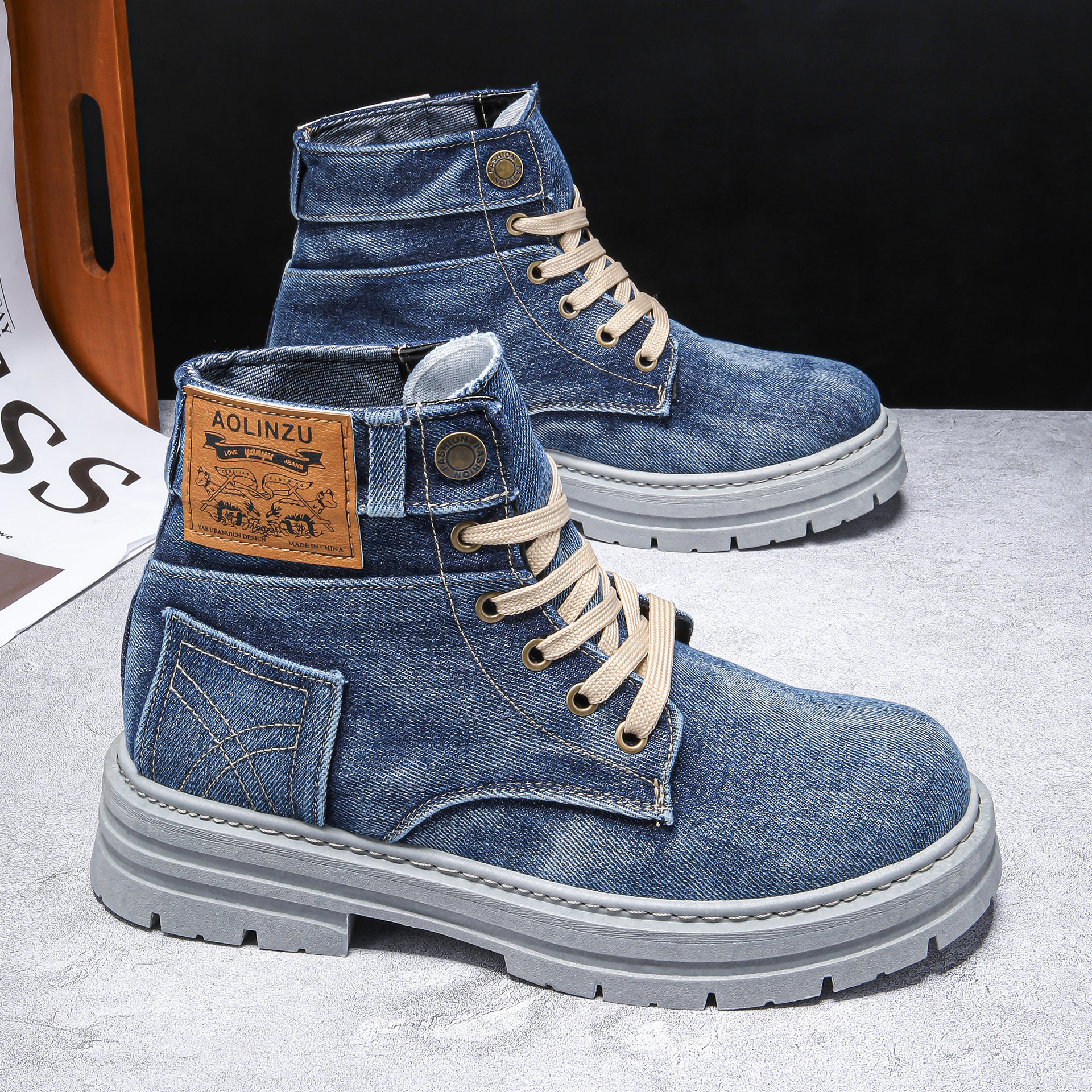 Designer Shoes Cross-border Men's shoes New high-top sneakers Denim Casual Versatile workwear Martin boots free shipping