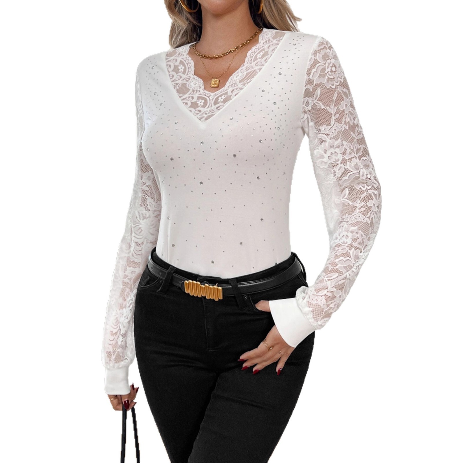 2025 Winter New Women's S Solid Color V-neck Lace Patch Water Diamond Lantern Sleeve T-shirt Top Autumn/Winter New Designer Knitted Clothing