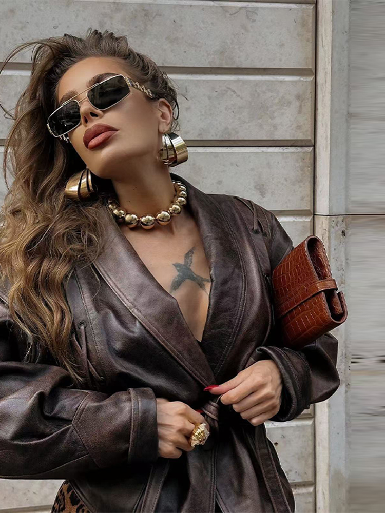 Street Solid Color Lace Up Leather Jacket Woman Waist Cinching Long Sleeves Lapel Coat Casual Versatile Women's New Leather Outerwear Revival