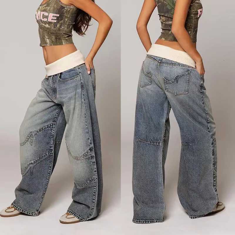 Baggy Retro Jeans for Women Y2k Hip Hop Splice Fashion Jeans Basics Simple Wide Leg Pants Cargo Pants American Street Clothes Z250910
