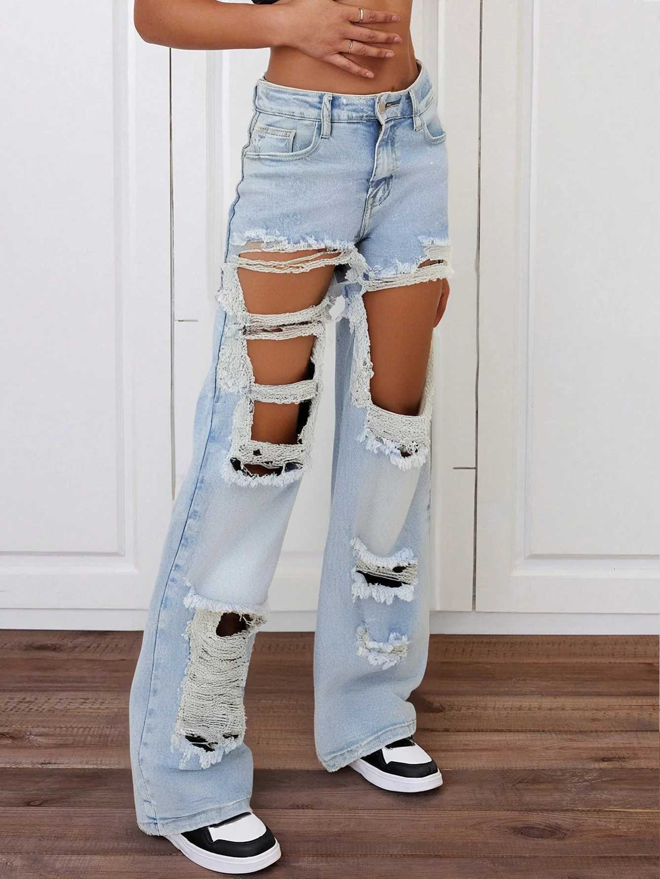 Womens Light Blue Distressed Wide Leg Jeans Extreme Ripped Style Z250910