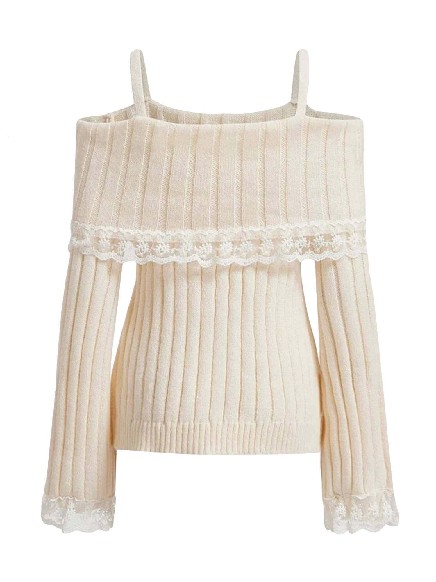 Women's Cold Shoulder Sweaters Long Sleeve Lace Trim Knit Pullovers Bow Front Jumpers Tops Fall Winter Y2K Clothes dongdumaoyi