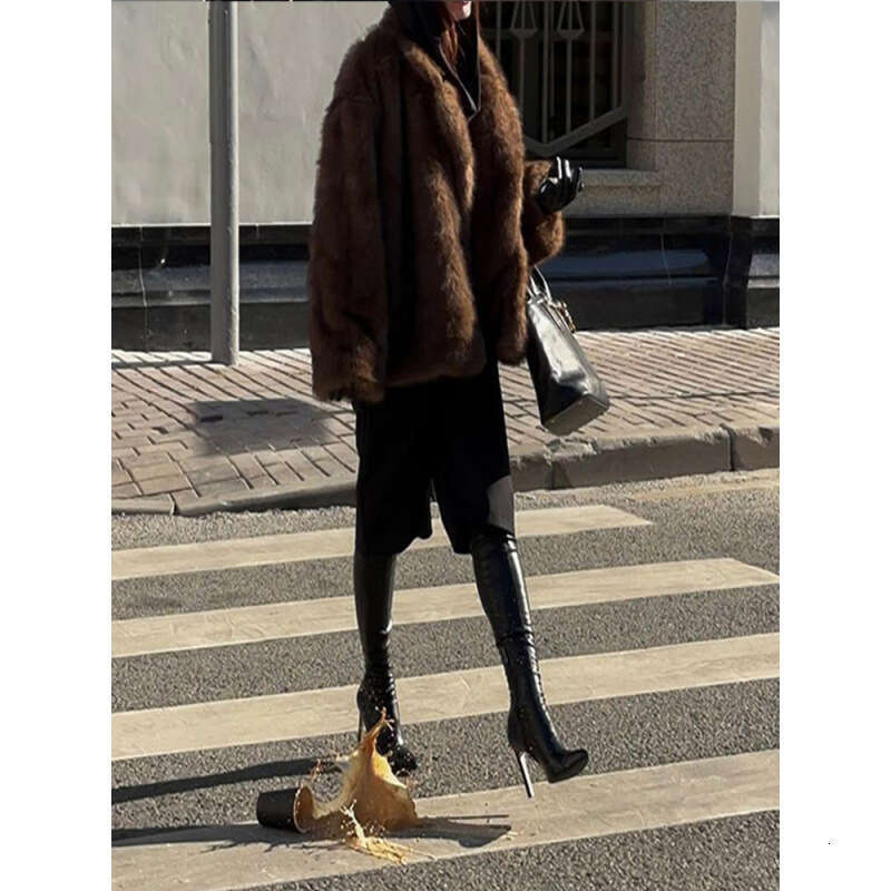 Real Shot - Turn-Down Collar Plush Faux Fur European and American Cross-Border Autumn Winter Fashion Comfortable Casual Warm Coat Top