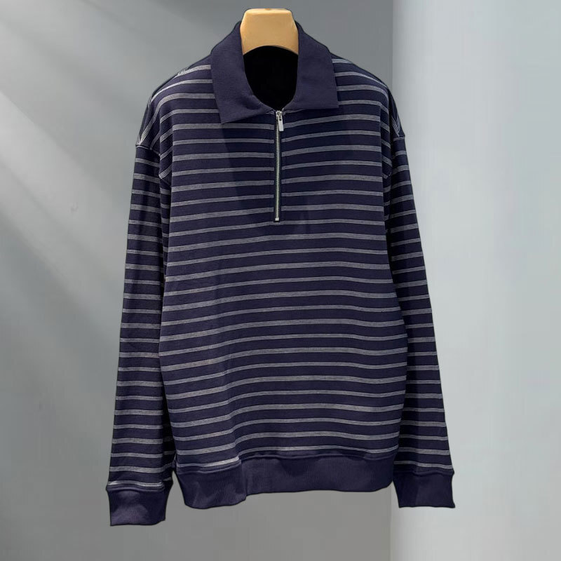 Luxury Y2K Designer Elegant Retro Women's Navy Blue Pure Cotton Striped Pullovers Notched Collar Front Zipper Design Sweater Long Sleeve Daily We