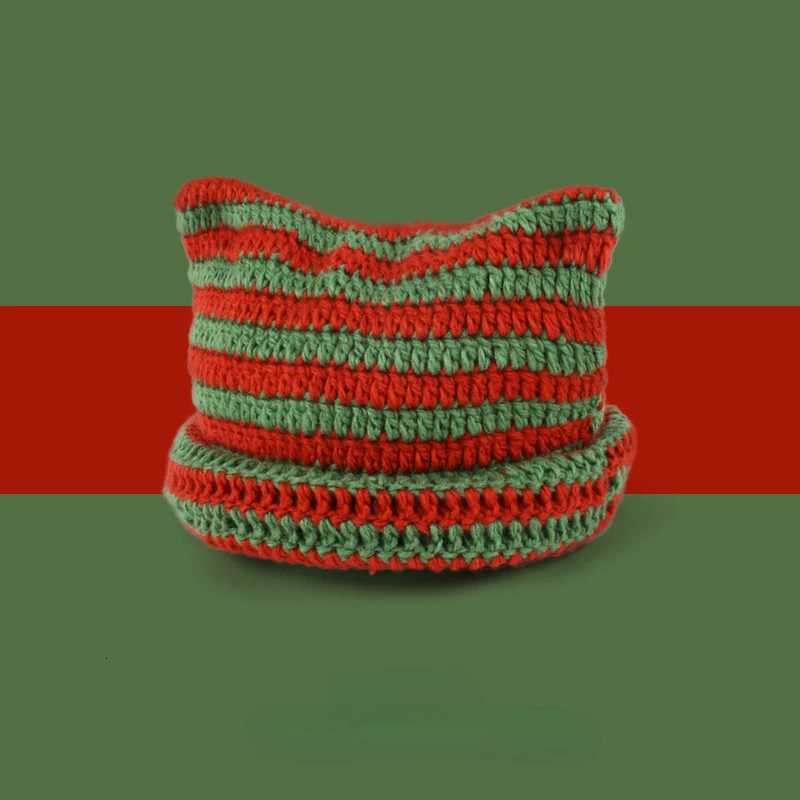 2025 Beanie Hat Ins Little Devil Striped Knitted Wool C Autumn and Winter Crochet Cute Cat Ears Pointed Pulr Womens HatsXJ250910