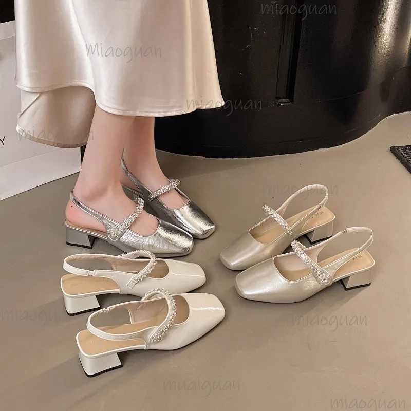 Womens Sandals Covering Toe Mid Heel High Heel Mary Janes Single Shoes Summer Fairy Style with Skirts Rubber Bottom Square Head W250910