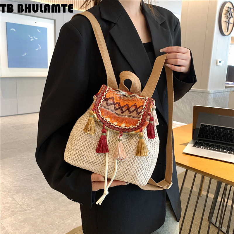 Free Shipping Designer Bag Ethnic Style Cross-border Backpack For Women 2025 New Wholesale Woven Vintage Bag Fashion Luxury Bag Color-block Casual Tra