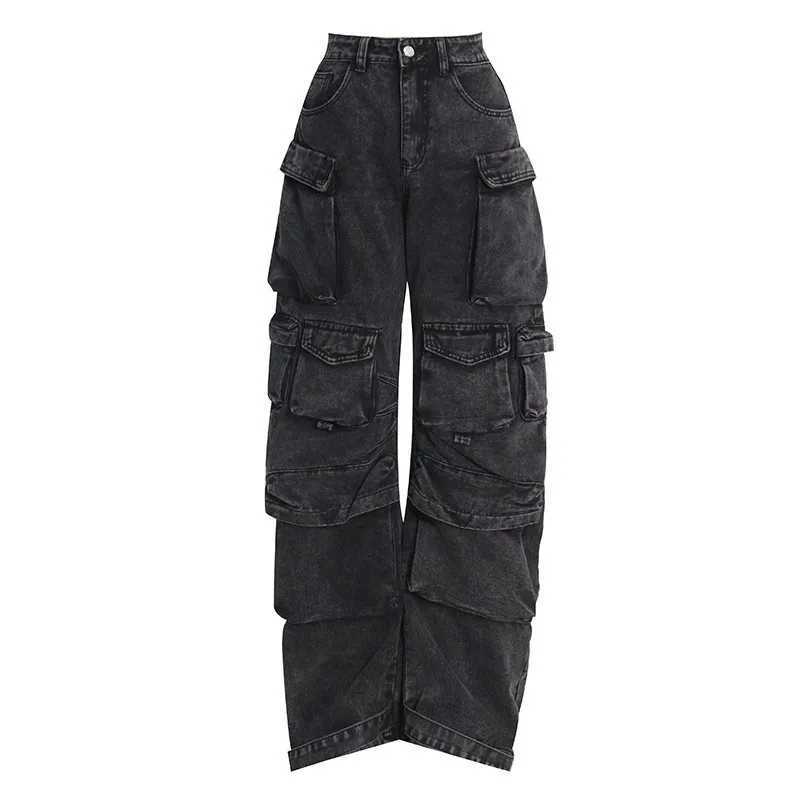 Trendy Womens Denim Workwear Street Style Black Grey MultiPocket Jeans American Casual HighWaist Functional Design Z250910