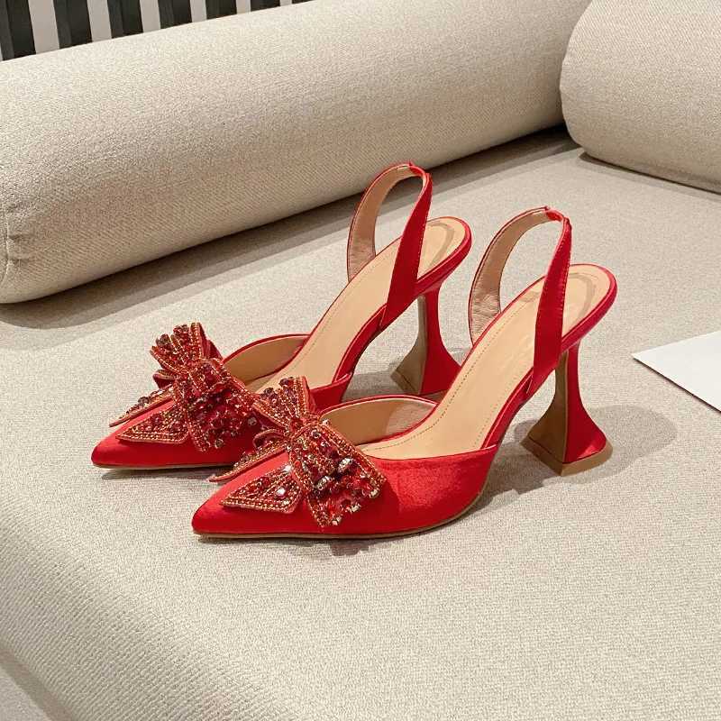 Runway Fashion Glitter Rhinestones Women Pumps Crystal Bowknot Satin Pointed Toe Strange High Heels Wedding Prom Shoes for Women W250910