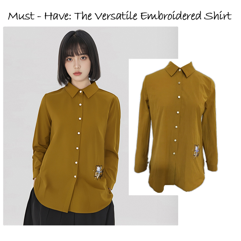 Women's Long - Sleeve Mustard Yellow Button - Down Shirt with Embroidered Detail