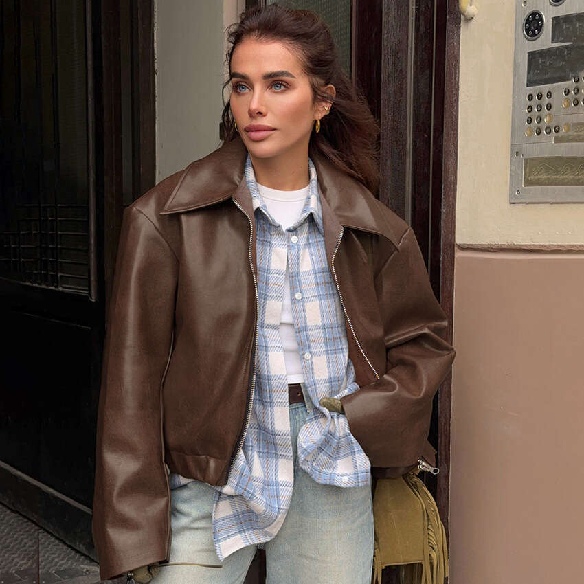 Angora Red Jacket Leather Motorcycle Girl Fashion Coat Autumn Winter New Niche Top Women's Elegant B3