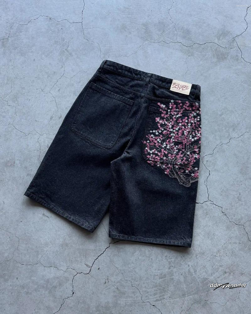 Men's Shorts Fashion Cherry Blossom Pocket Embroidery Jeans Men Women Retro Baggy Black Denim Short Jorts Hip Hop Streetwear Pants