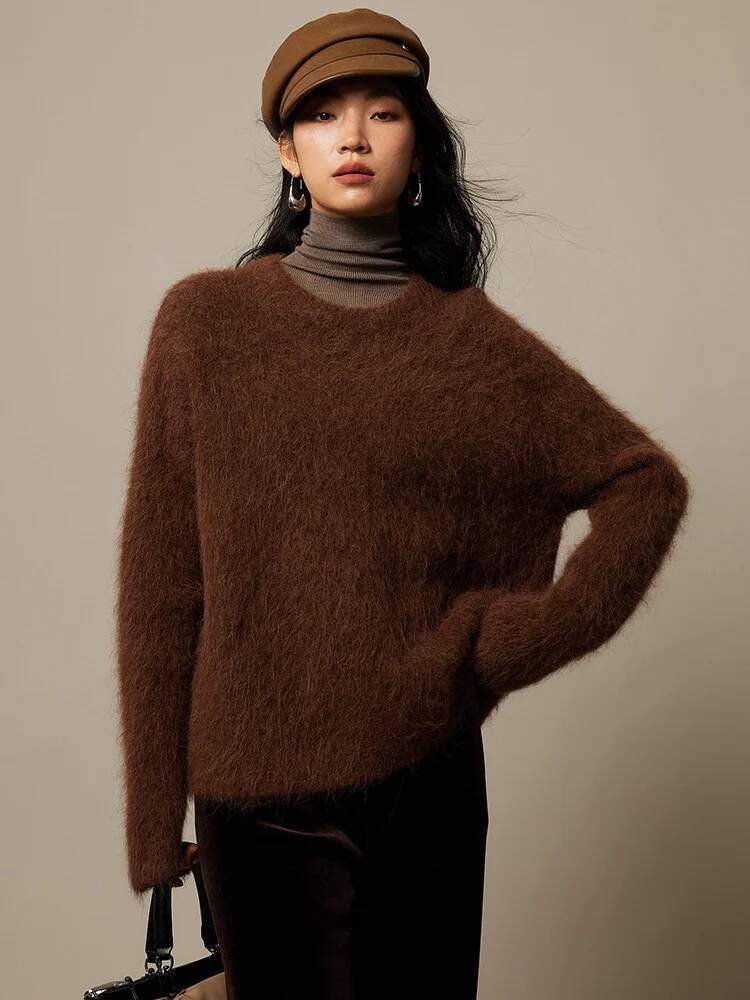 SuyaDream Warm Alpaca Pullovers for Woman, Dropped Sleeved Loose Sweaters, 2025 Fall Winter Top, Camel, Beige dongdumaoyi