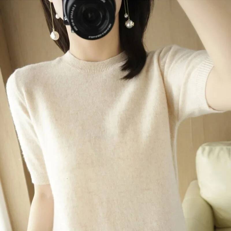2025 Spring Summer Womens Sweater Short Sleeve O-neck Slim Fit Knitted Pullovers Bottoming Casual Knitwear Camel Pink Clothes dongdumaoyi
