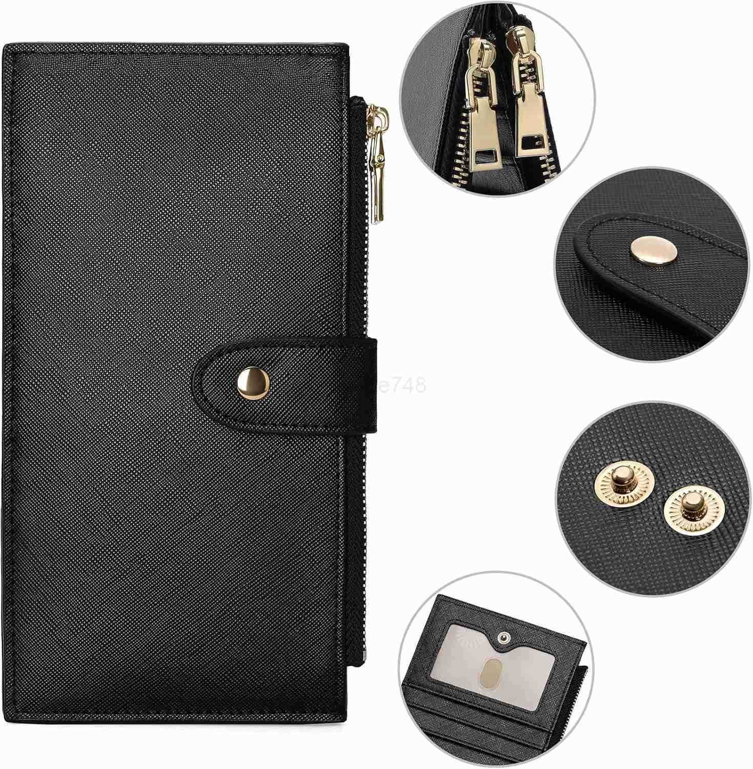Slim Wallets for Women RFID Blocking Card Holder 2 Zipper Pockets Thin Ladies Clutch Purse BlackZ250910