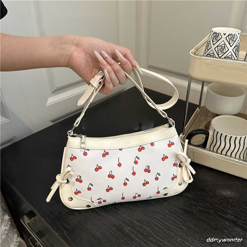 New Trendy Girl Handbag Fashion Commuter Cherry Niche Print Texture Shoulder Underarm Bag H250804