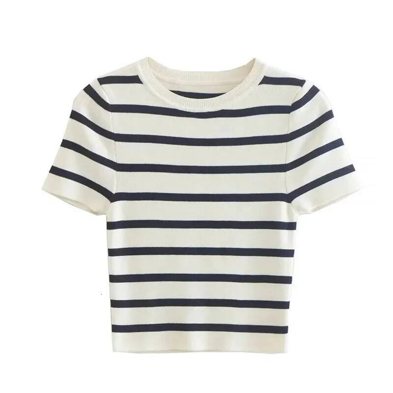 Vintage Women Y2K Stripped Cropped T-shirts for Girls Slim Knitted Short Tees Sweet Tops Chic Clothes dongdumaoyi