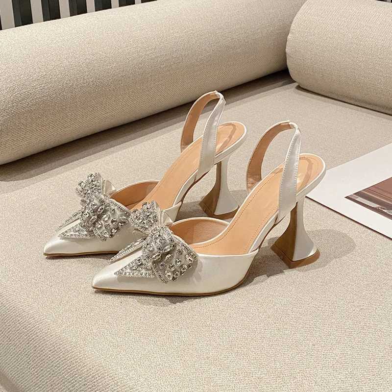 Runway Fashion Glitter Rhinestones Women Pumps Crystal Bowknot Satin Pointed Toe Strange High Heels Wedding Prom Shoes for Women W250910