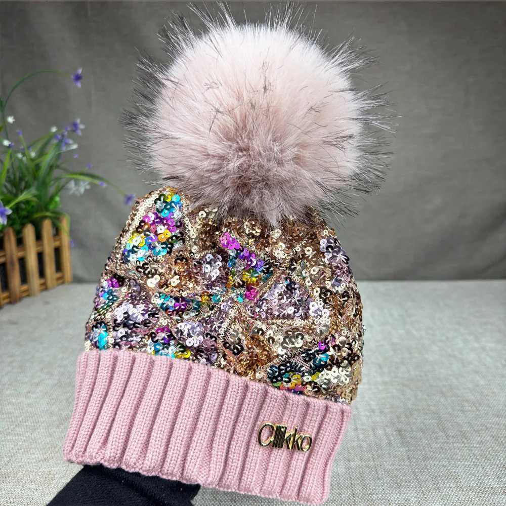 Cllikko brand sequins artificial fur ball knitted wool hat for wens autumn and winter warm ear protection fashion G250910