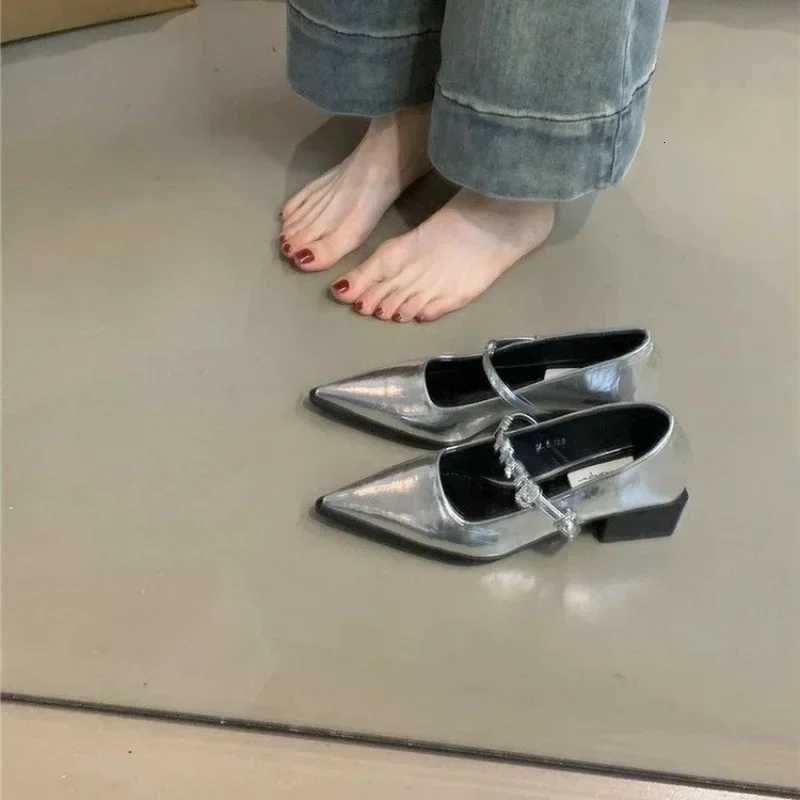 2024 New Style Silver Leather Shoes Fashion Pointed Low Heel Mary Jane Womens Casual Shoes W250910