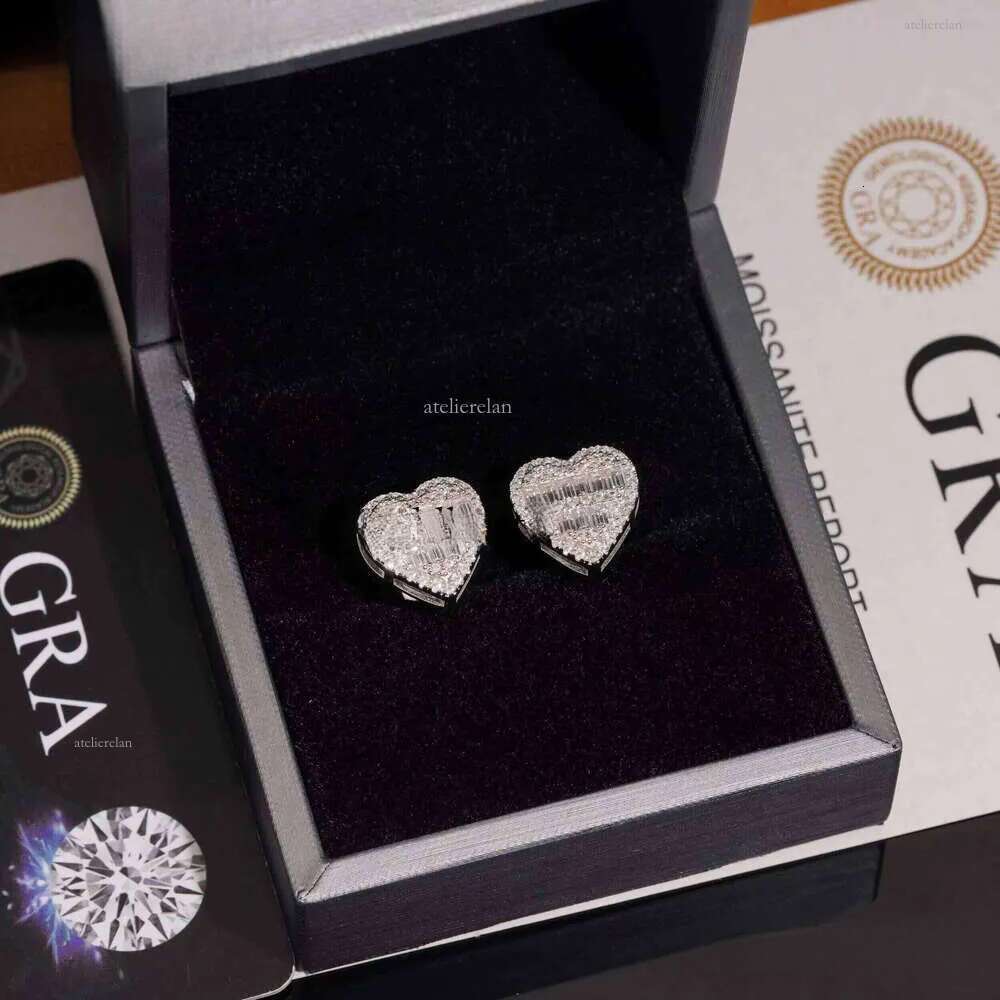 Elegant Classic Sterling Sier Special Heart Stud Earrings Inlaid With Rectangle Moissanite for Women and Men