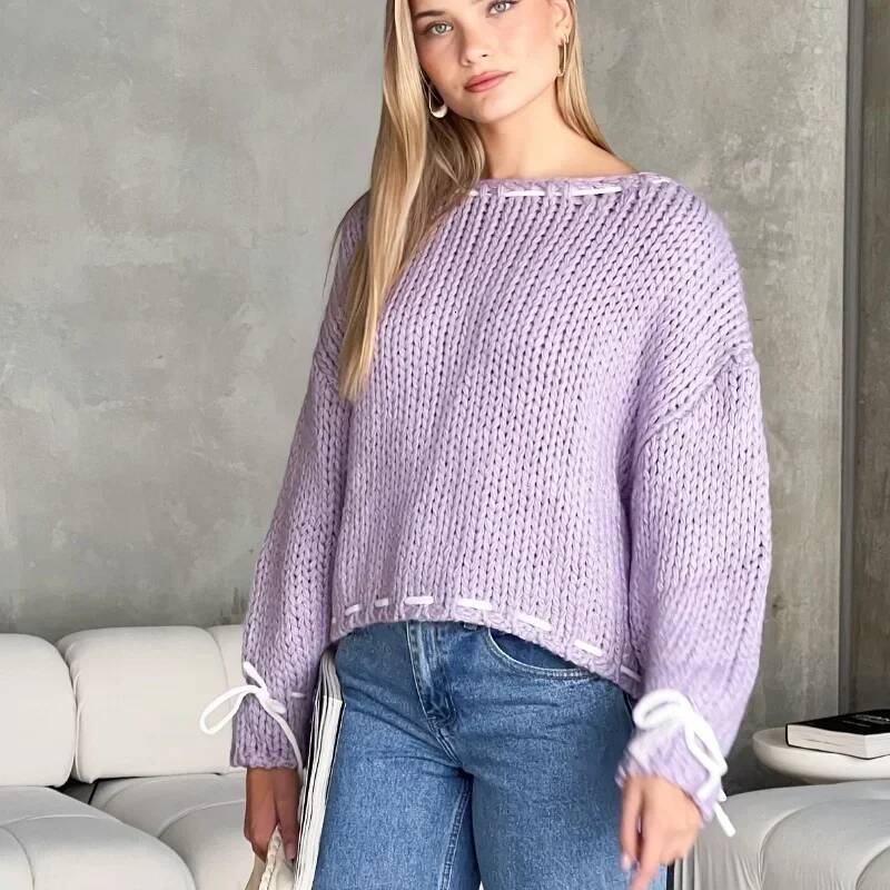 2024 Autumn Winter New Lace Up Knitted Sweater Women Y2K Long Sleeved Pullover Sweaters Female Fashionable Loose Knitwear Tops dongdumaoyi