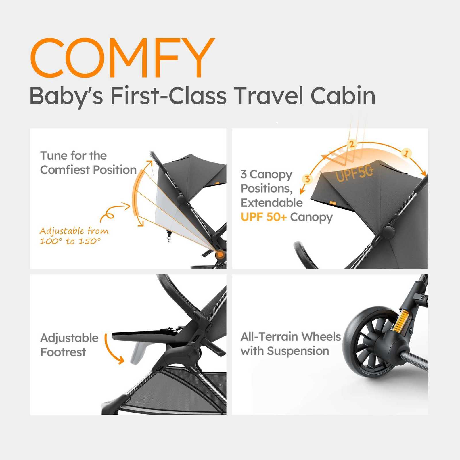 Ultra Air X Lightweight Baby Stroller for Travel 99lbs Carbon Fiber Frame with UPF50 Canopy Safe Belt BLACK W250910