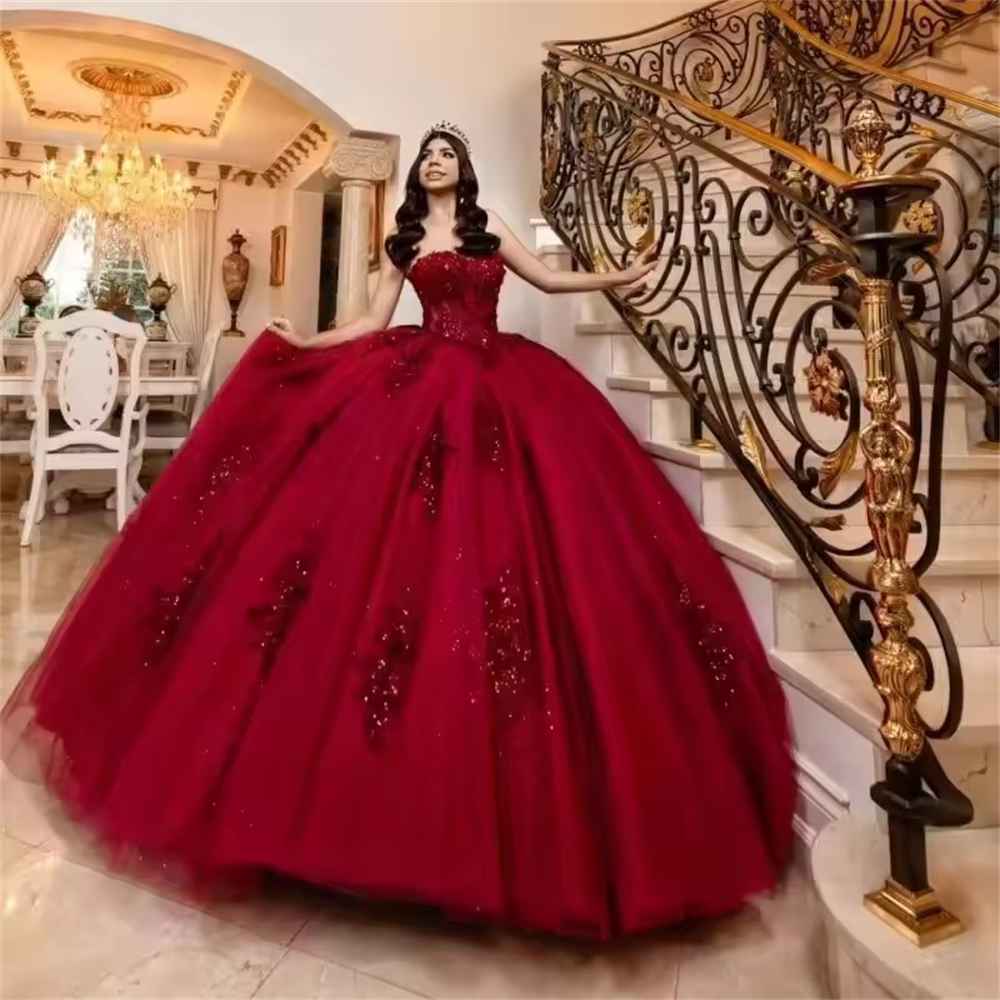 Ball Gown Quinceanera Dresses Burgundy Cinderella Glittering Lace Appliques Tulle Customized Sweet 15 16 Princess Birthday Party Gowns Vestidos De 15 