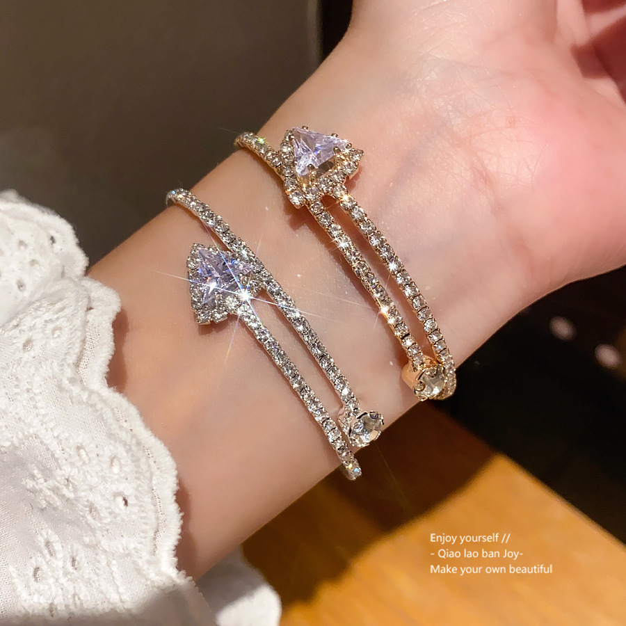 Silver-Tone Double-Layer Open Bangle With Large Trillion-Cut Crystal & Full Pave Crystal Detailing, Luxe Sparkly Style, Perfect For Elevating Glamorou