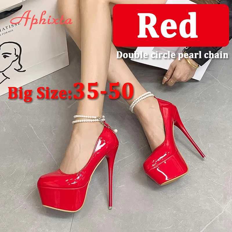 Aphixta Pearl Chain Party Disco Dance Pumps Women 55cm Platform Belt Pimp Buckle 16cm Super High Thin Heels Shoes Big Size 50 W250910