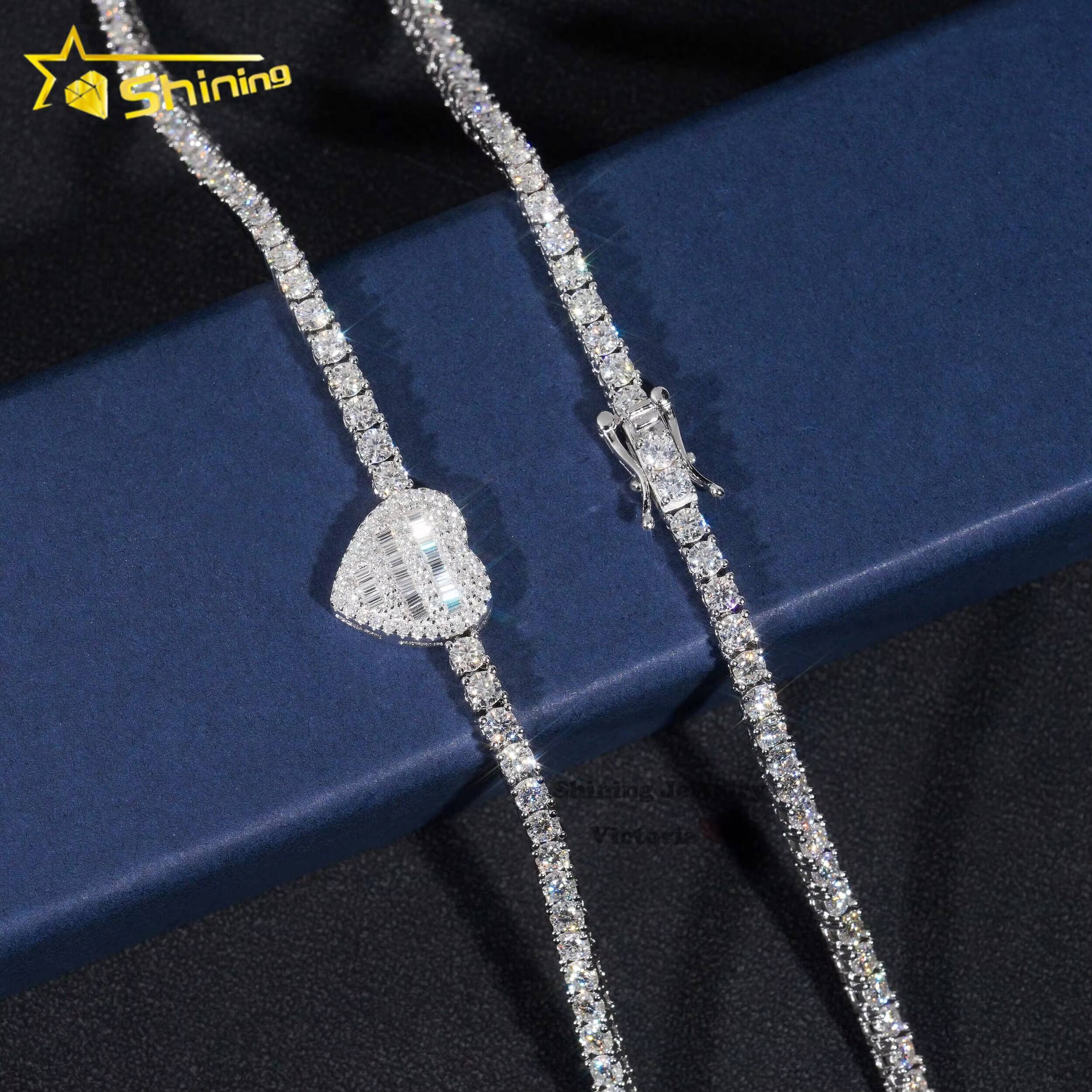 Fine Jewelry 3mm White Gold Plated 925 Sterling Silver Moissanite Diamond Iced Out Baguette Heart Shape Tennis Chain Necklace