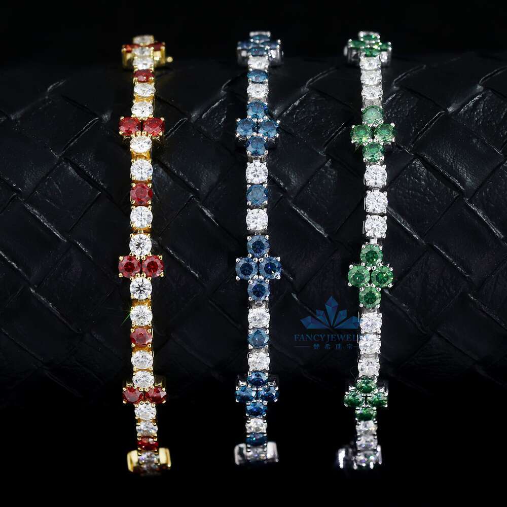 New Arrival 3mm VVS Moissanite Dia Iced Four Leaf Clover Cross Tennis Chain Bracelet Sier Fashionable Femme Design