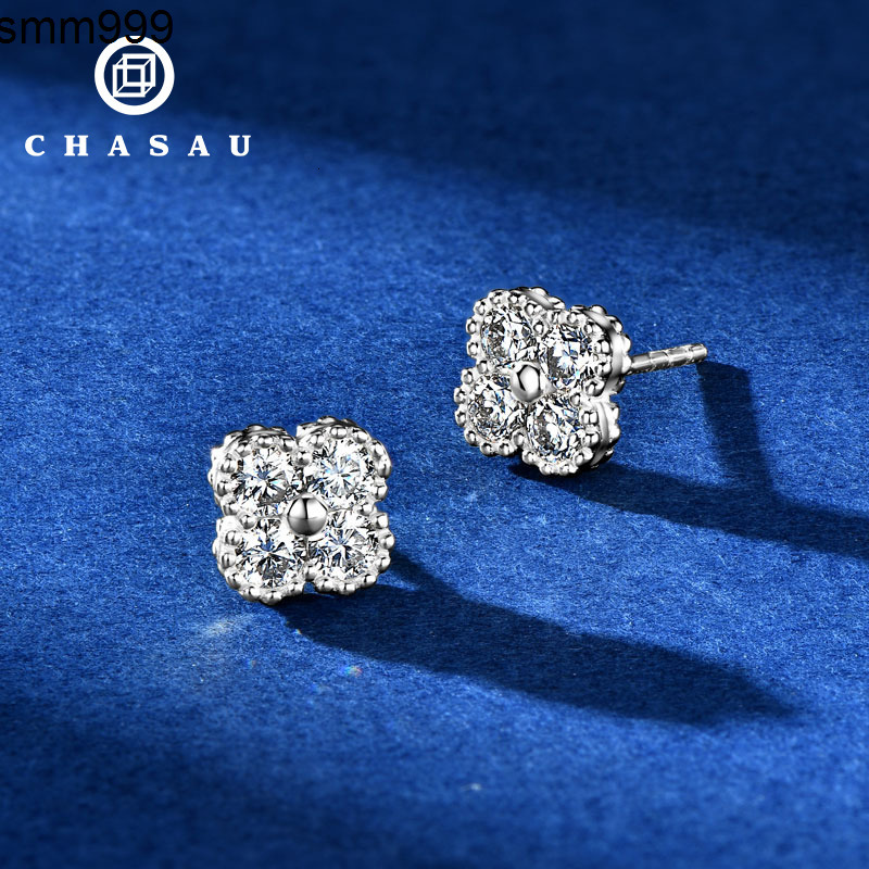 GRA Certificated 925 Sterling Silver Stud Earrings with Moissanite Lucky Four Leaf Clover Design for Womens Wedding Jewelry