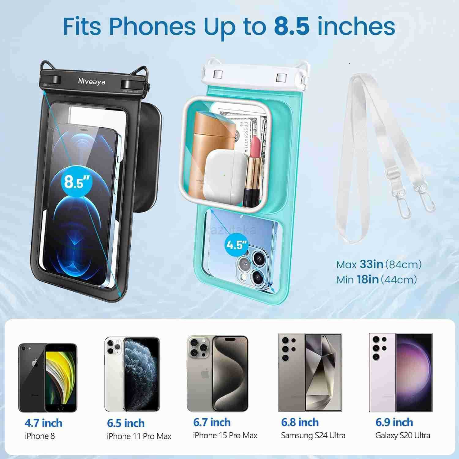 2 Pack IPX8 Waterproof Phone Pouch Large Space Cell Phone Pouch Floating Water Proof Phone Case with Lanyard Phone Dry Bag Beach Cruise Ship Essential