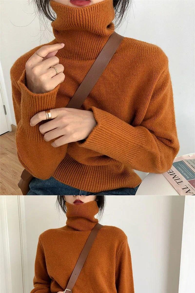 Elevated Knitwear Autumn New Bottoming High Neck Sweater Solid Color Vintage Knitwear Tops Oversized Sweater Women Jumper Streetwear