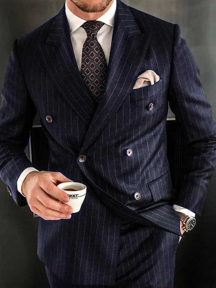 2 Piece Chic Pinstripe Navy Blue Men Suits Set High Quality Formal Double Breasted Peak Lapel Suit Slim Fit Smart Casual Tuxedo W250910
