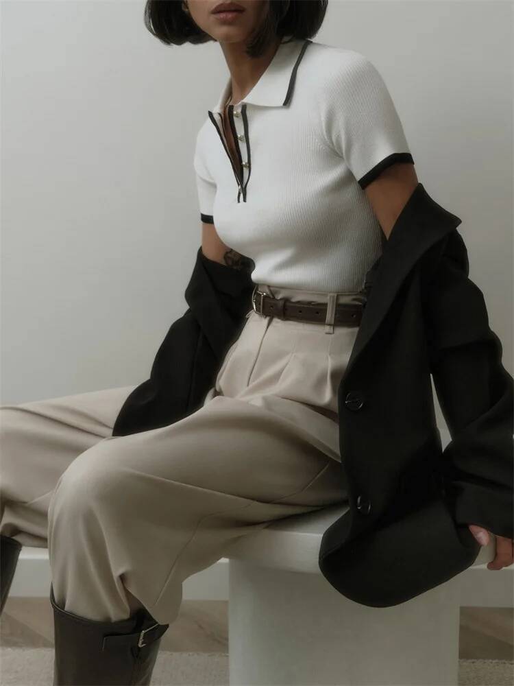 Knit Sweater Women Short Sleeve Patchwork Slim Lapel Elegant Contrast Knitwear Top Female Skinny Ribbed Pullover dongdumaoyi
