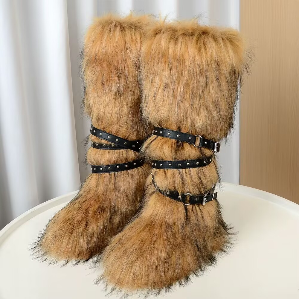 Hot girl sexy 40cm high top snow boots 2025 new cross belt buckle fur long fur boots