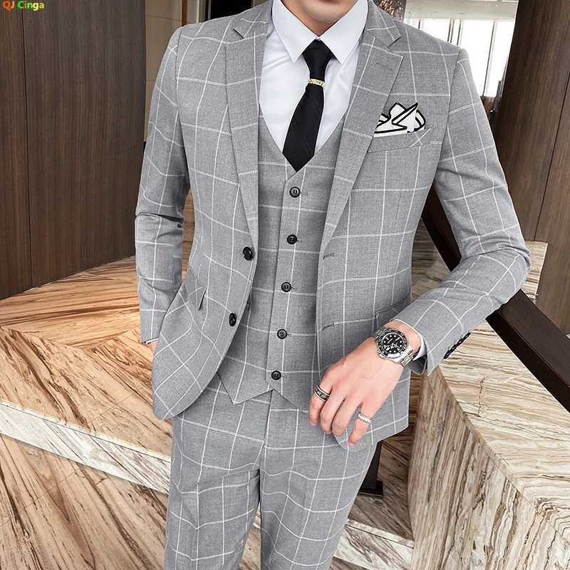 Gray Men Classic StripedChecked Suits Business Office 3 Piece Asian Size Slim Fit Men Dress Jacket Pants with Vest S4XL W250910